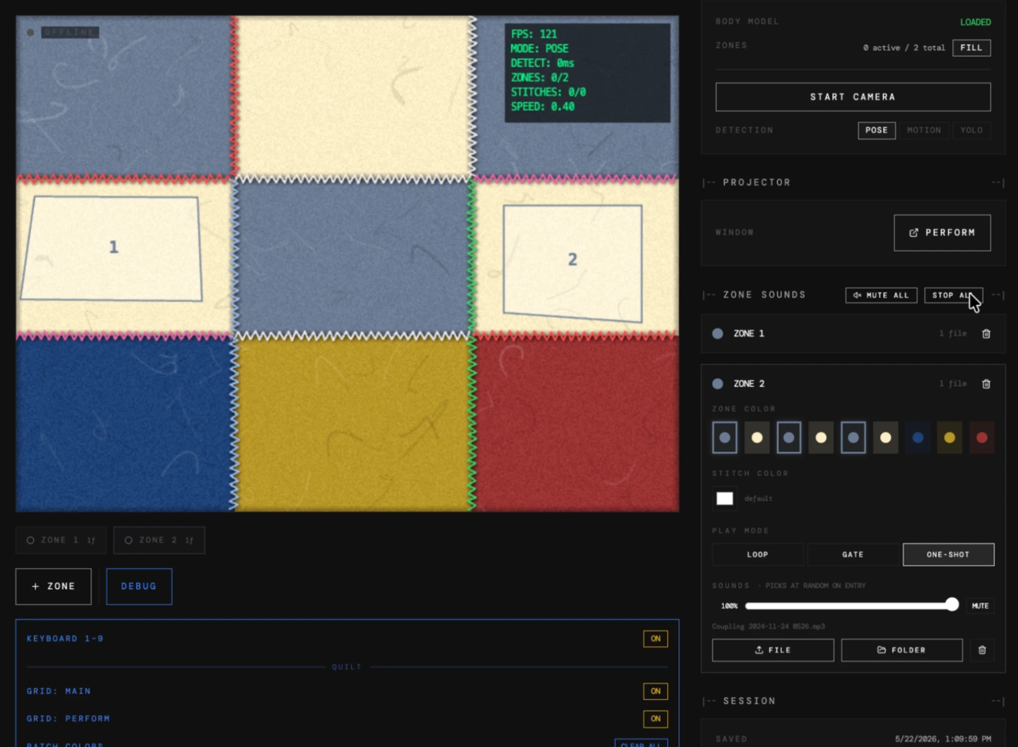 Prototype interface: a quilt of coloured fabric patches with two numbered zones, beside controls for pose detection, projector and zone sounds